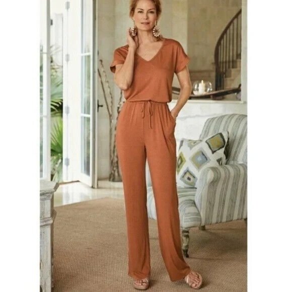 Soft Surroundings Pants - Soft Surroundings Roslyn Jumpsuit Orange V Neck Knit Short Sleeve